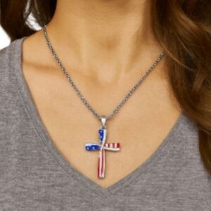 Patriotic American Flag Cross Pendant Necklace, Red/White/Blue Alloy, 23" Chain